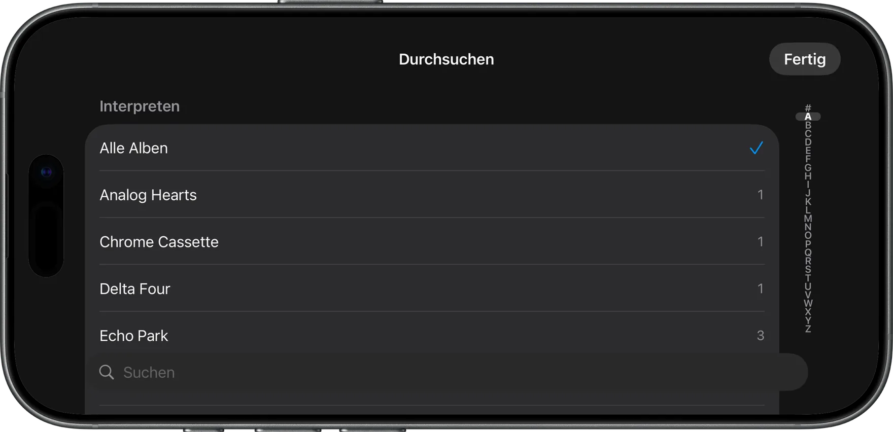 AlbumDeck: Durchsuchen-Ansicht mit A–Z-Leiste für Interpreten