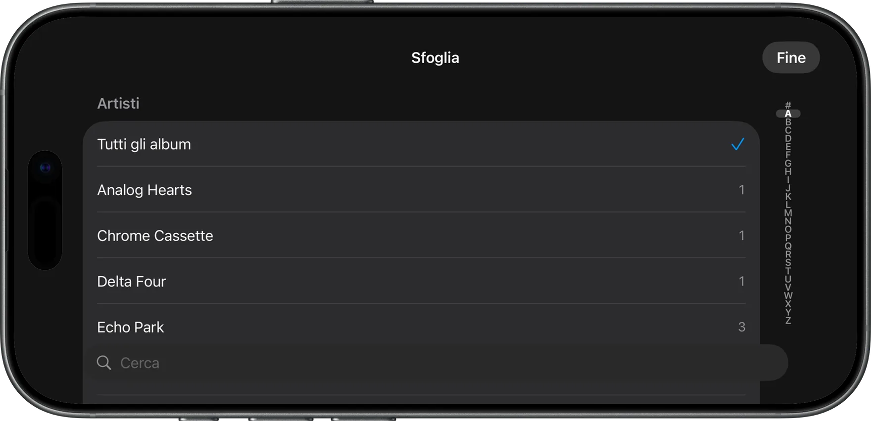 AlbumDeck: schermata Sfoglia con indice alfabetico degli artisti