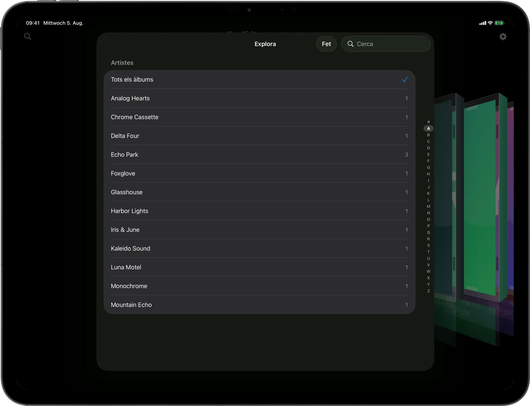 AlbumDeck: vista Explora amb índex alfabètic d’artistes