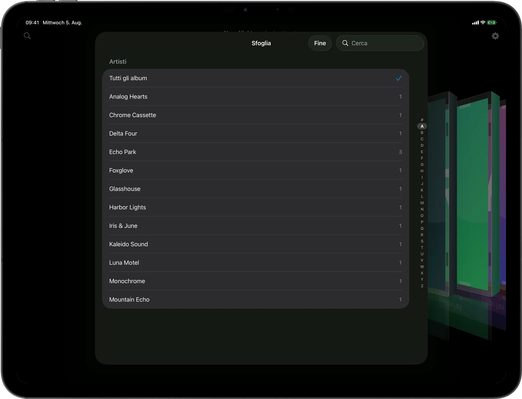 AlbumDeck: schermata Sfoglia con indice alfabetico degli artisti