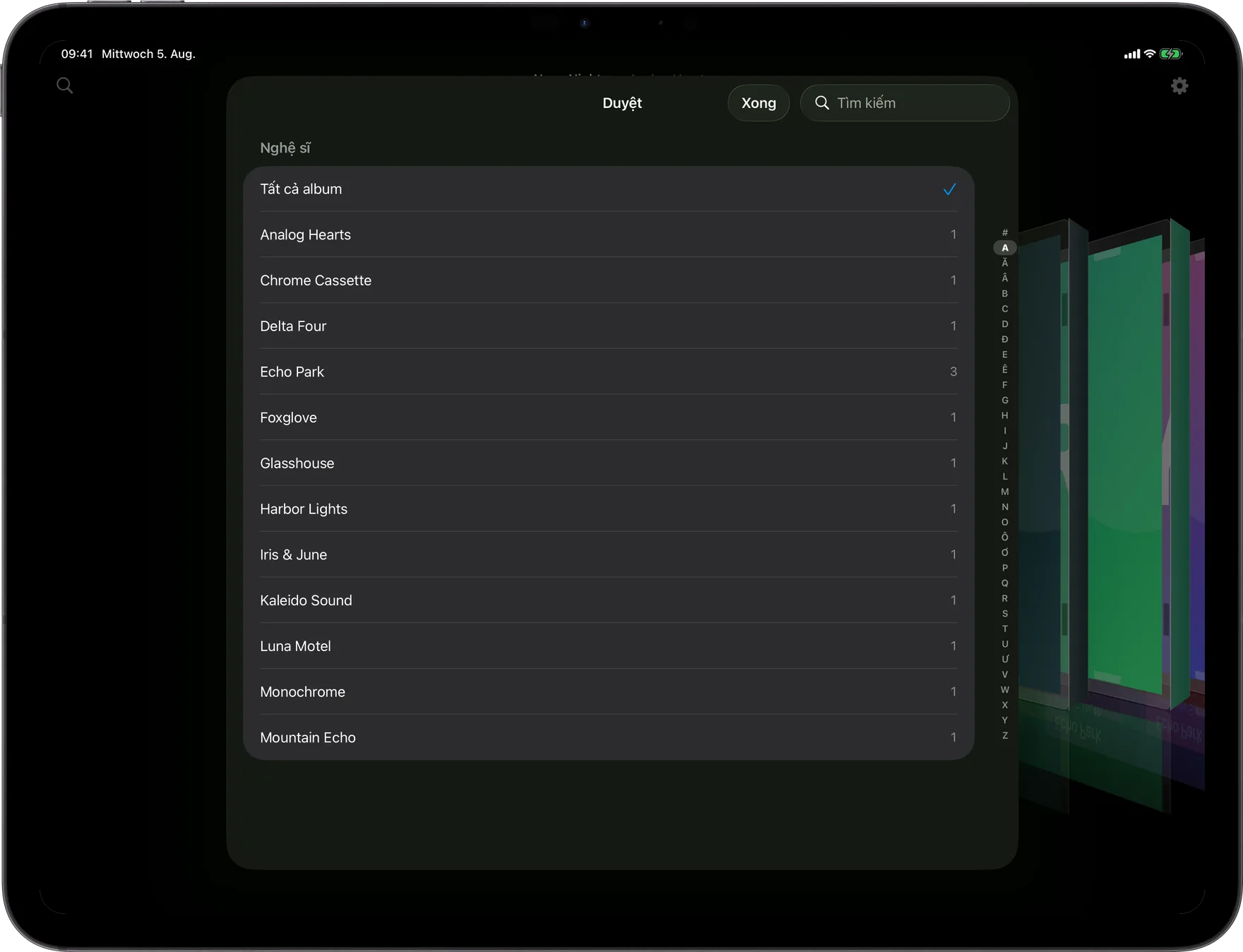 AlbumDeck: màn hình Duyệt với chỉ mục nghệ sĩ theo bảng chữ cái